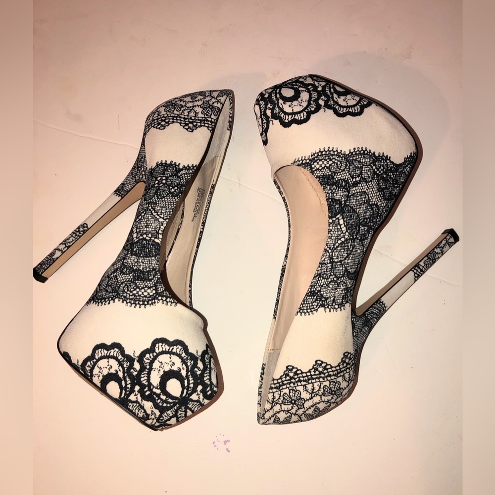 Steve Madden Dejavú Platforms Pumps Black Lace Over Almond Tone - Picture 6 of 12